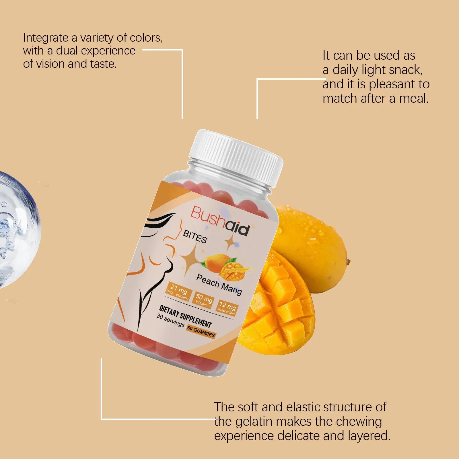 BUSHAID Tanning Gummy Candies container showing 60 soft candies with astaxanthin and vitamin D3