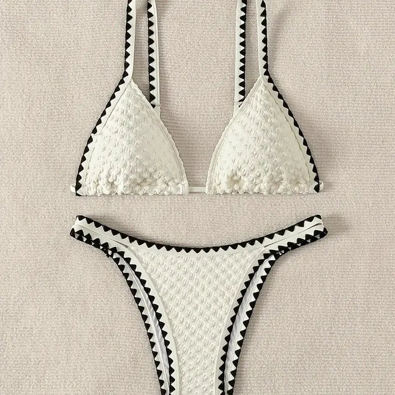 Women's white and blue split bikini swimsuit in polyester fabric with briefs style