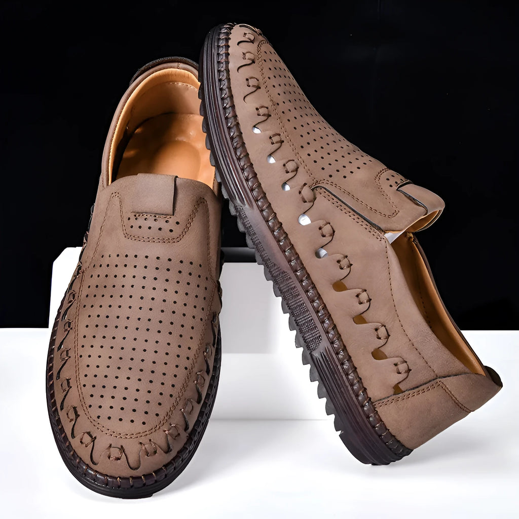 Men's brown casual slip-on shoes with round toe and flat heel design