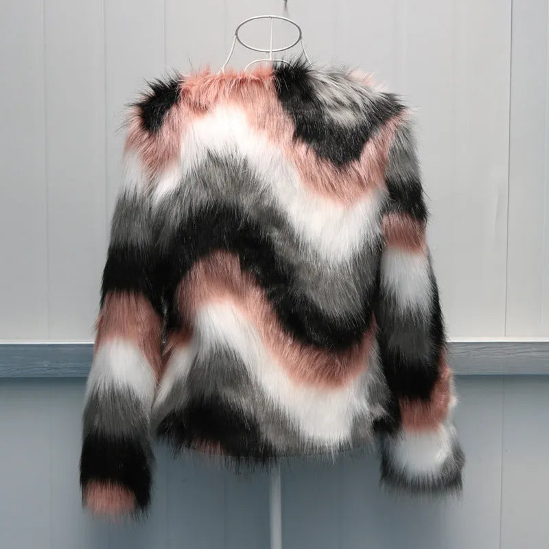 Korean-style women's faux fur O-neck short coat in picture colour, shown as a street fashion garment.