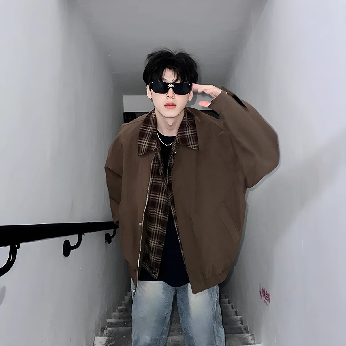 Men's fake two-piece jacket in black or brown, loose fit, long sleeves, side seam pockets, polyester