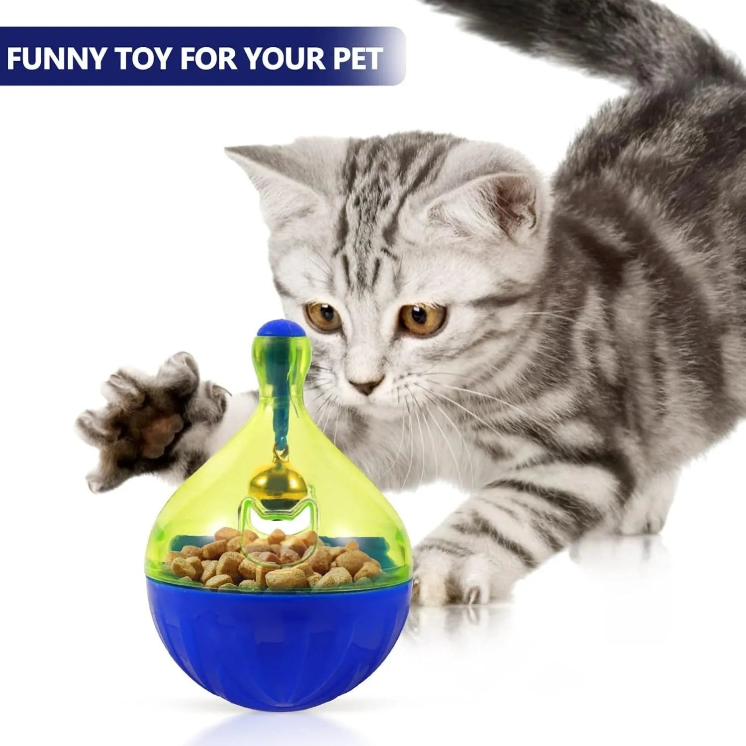 Blue and white tumbler-shaped interactive treat dispenser toy for dogs and cats on a wooden floor.