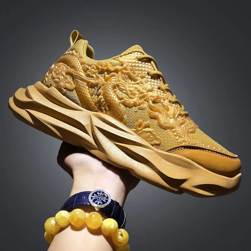 Casual fly knit sneakers with Chinese dragon design, microfibre upper, and rubber sole