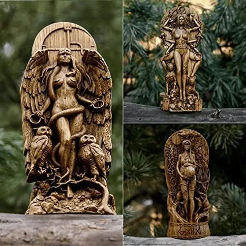 Detailed resin statue of a Greek goddess, 22cm tall, shown in one of three available colour finishes on a wooden surface.