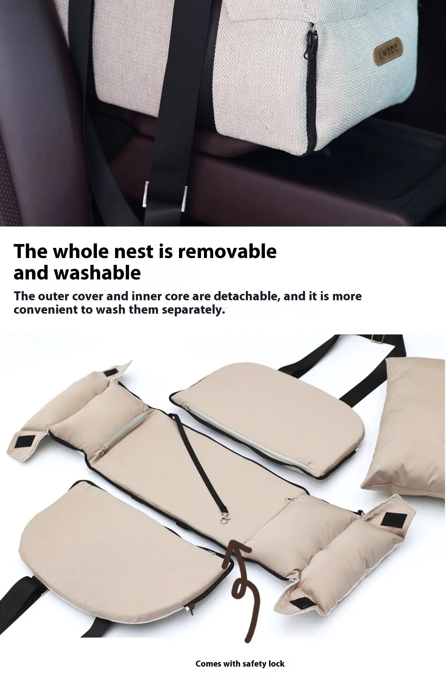 Beige white dual-use pet car nest and bed carrier for small dogs or cats.