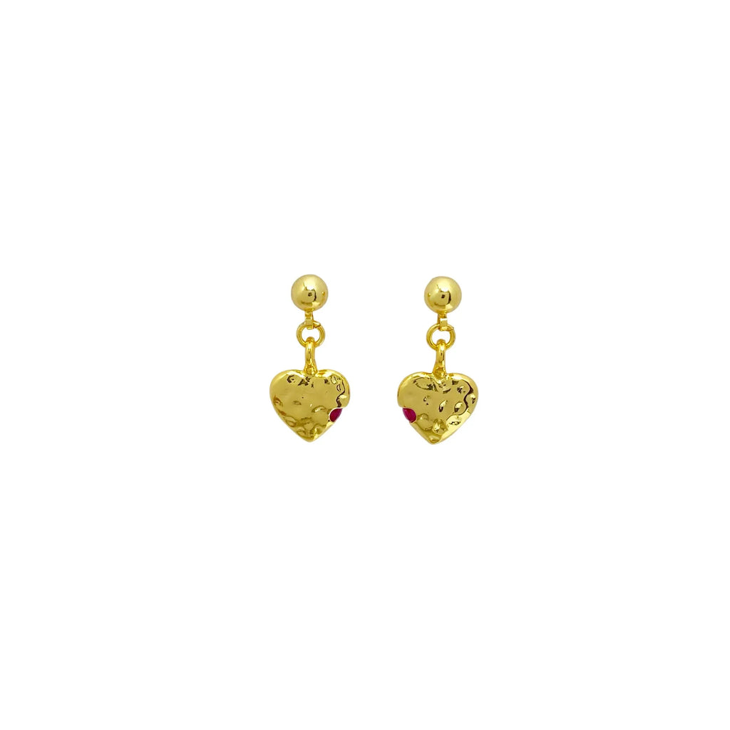 Pair of simple heart-shaped copper earrings with electroplated finish, available as ear clips or studs