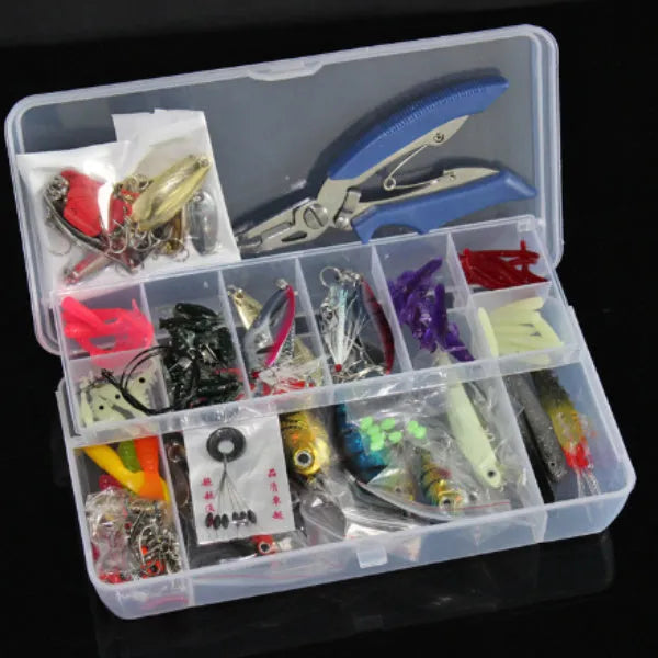 132-piece rose red treasure fishing lure suit with soft baits and high-carbon steel hooks in a storage case.