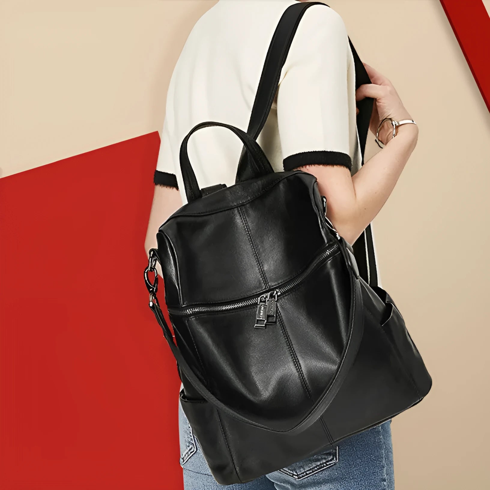 Genuine leather women's retro backpack showing sewing thread details and sandwich pocket