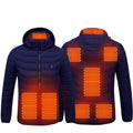 Men heated puffer jacket with 9 heat zones, hood, and long sleeves on a winter ski slope