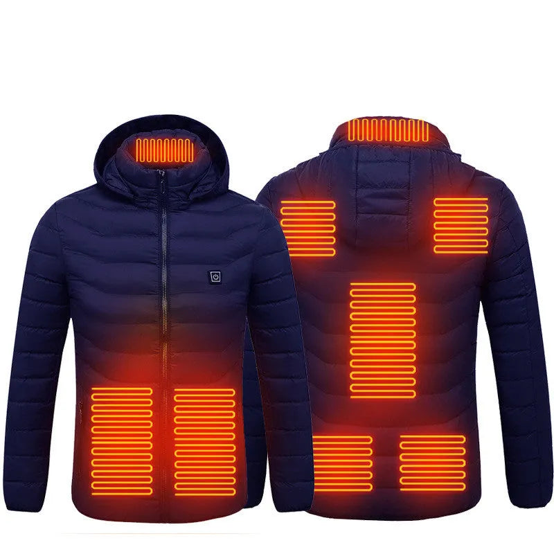 Men heated puffer jacket with 9 heat zones, hood, and long sleeves on a winter ski slope