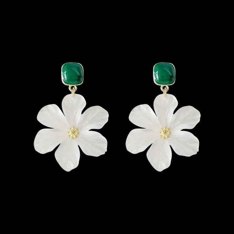 Dark green alloy stud earrings with needle flowers design for women