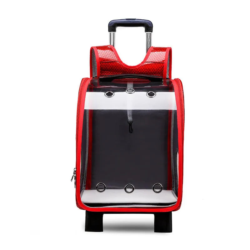 Blue transparent folding pet trolley bag with shoulder straps and a clear acrylic pet compartment.