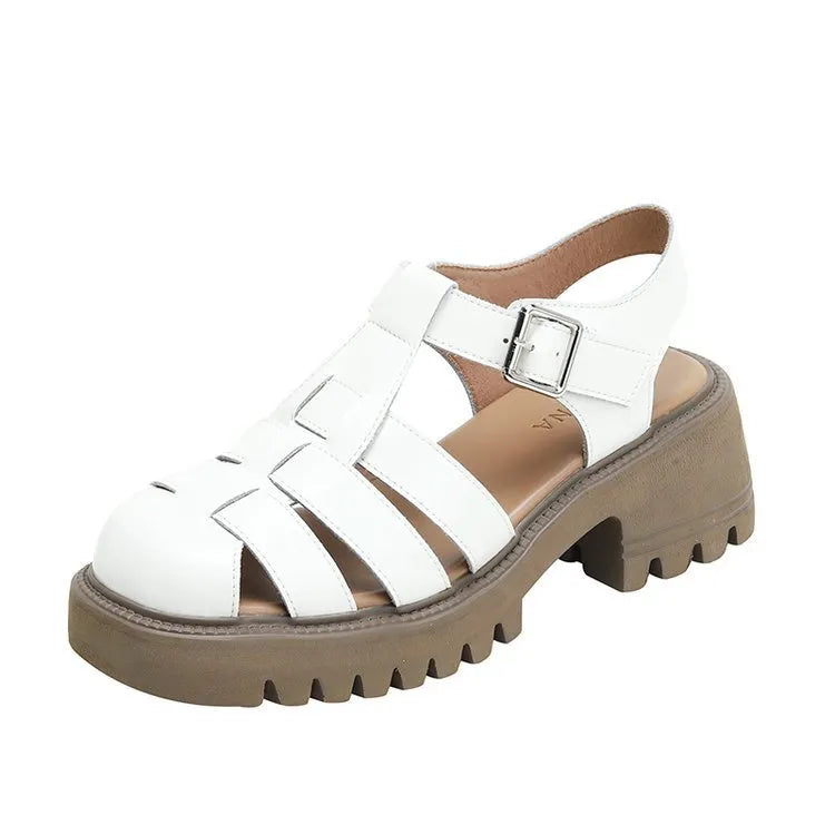 Women's black platform sandals with buckle closure and chunky hollow sole