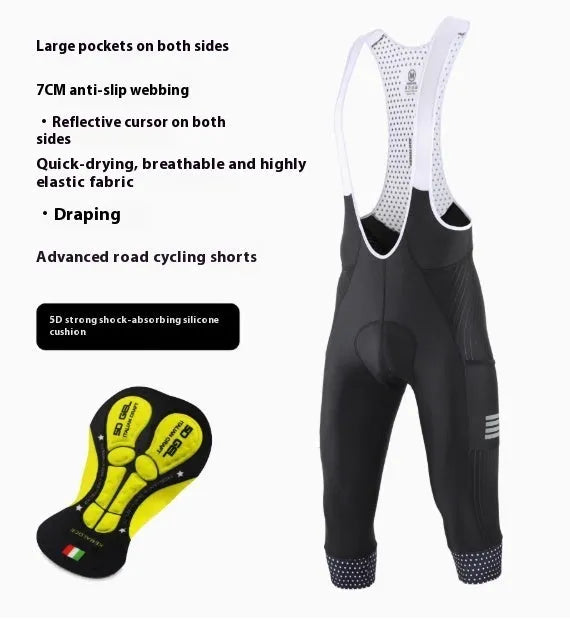 Black shock-absorbing cycling pants with seven-inch inseam and reflective cursor for road mountain biking