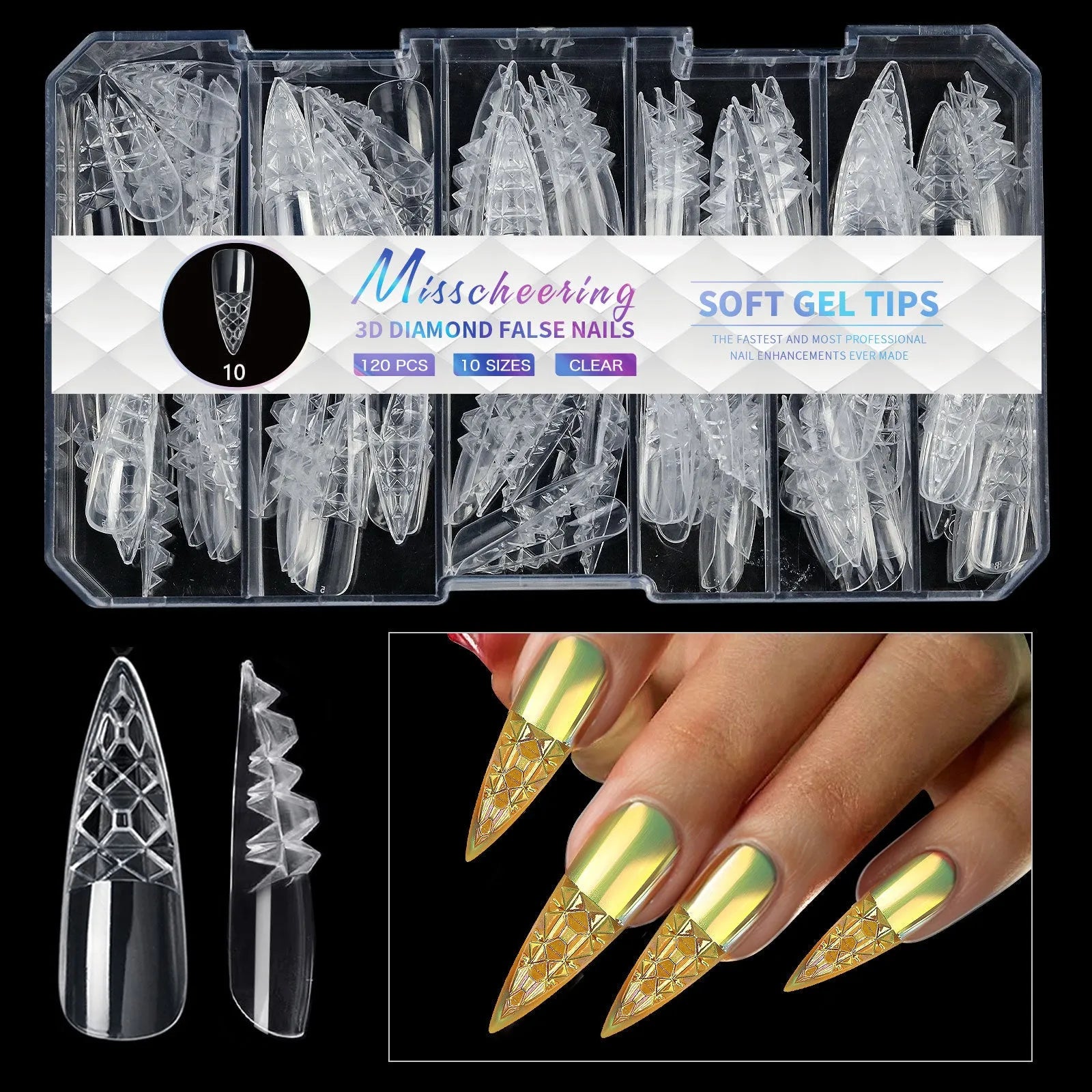 3D diamond texture long false nails in assorted colours, 120-140 pieces per pack