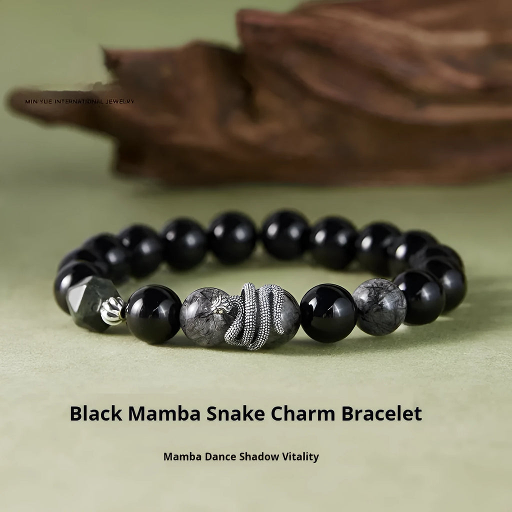 Men's S925 sterling silver bracelet with obsidian black crystal and retro snake design