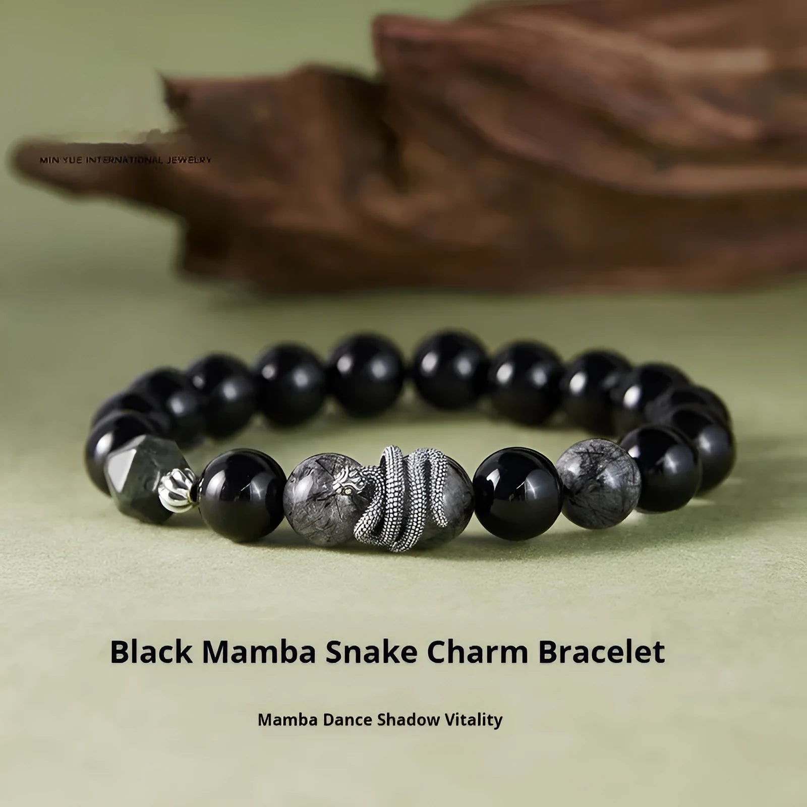 Men's S925 sterling silver bracelet with obsidian black crystal and retro snake design