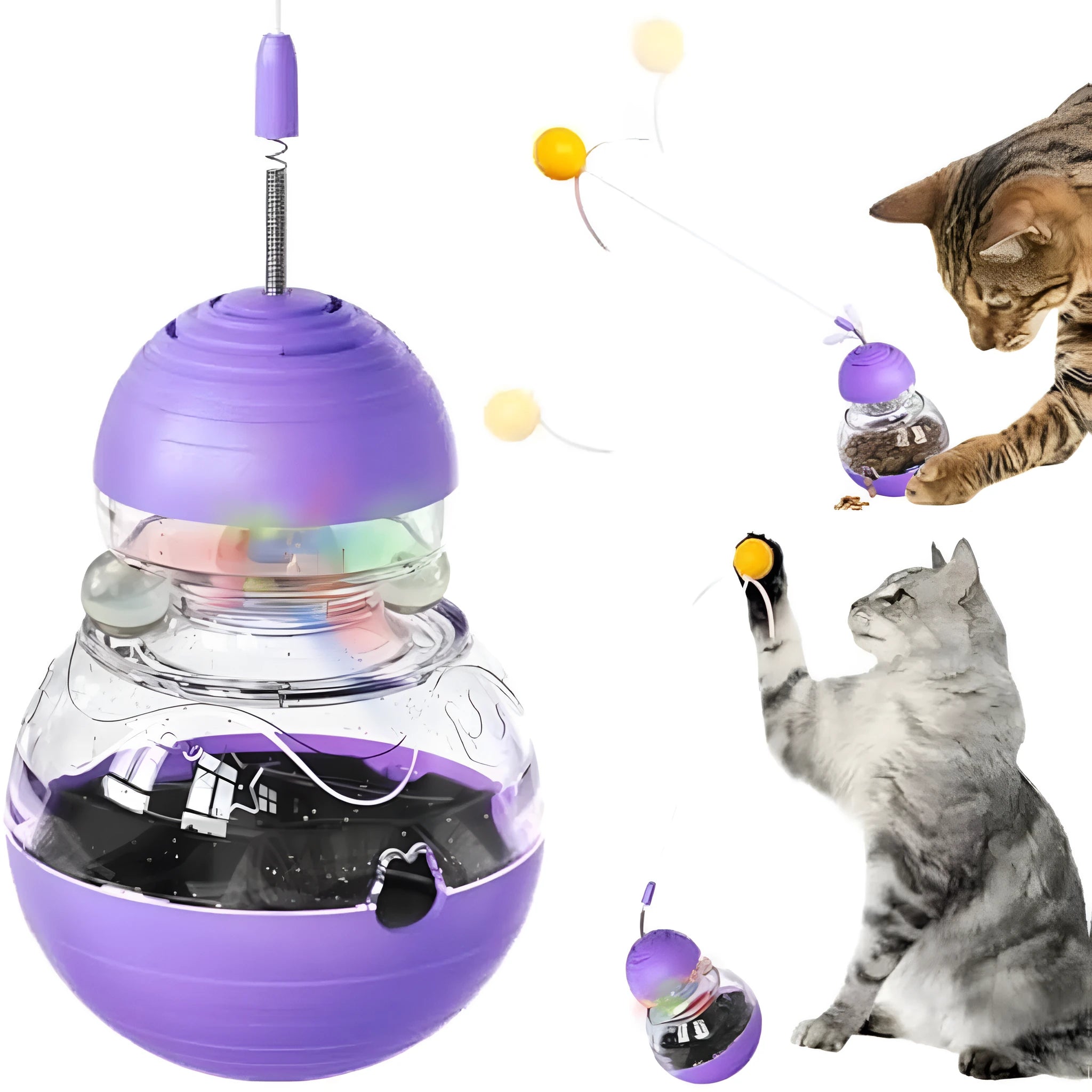 Yellow cat toy wand with bouncing teaser stick, plastic ball, ribbon, and slow feeder compartment
