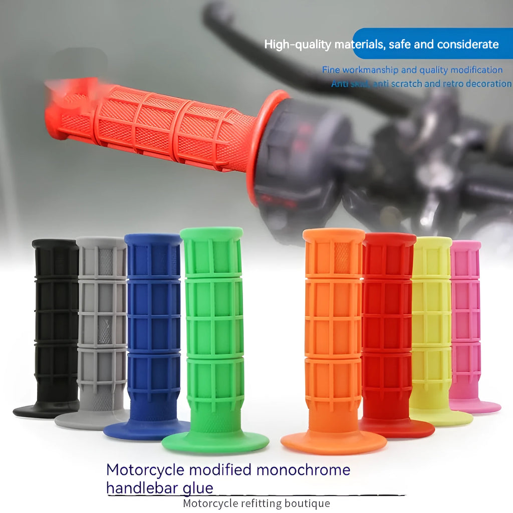 Set of two 22mm rubber motorcycle handle grips in assorted colours including black, red, and blue.