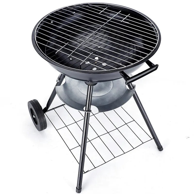 Portable iron barbecue oven with a 14-inch grill for outdoor cooking.