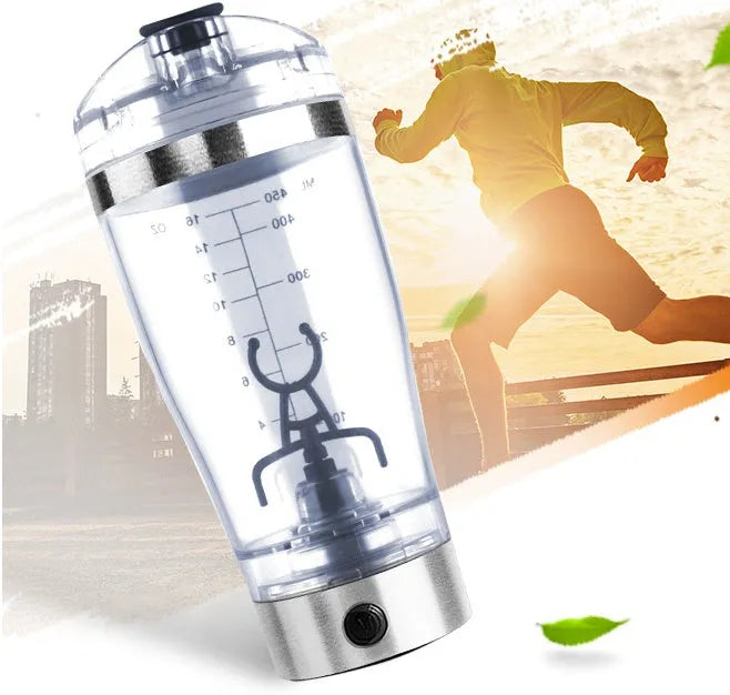 Stainless steel coloured electric shaker bottle with USB charging port for mixing protein shakes.