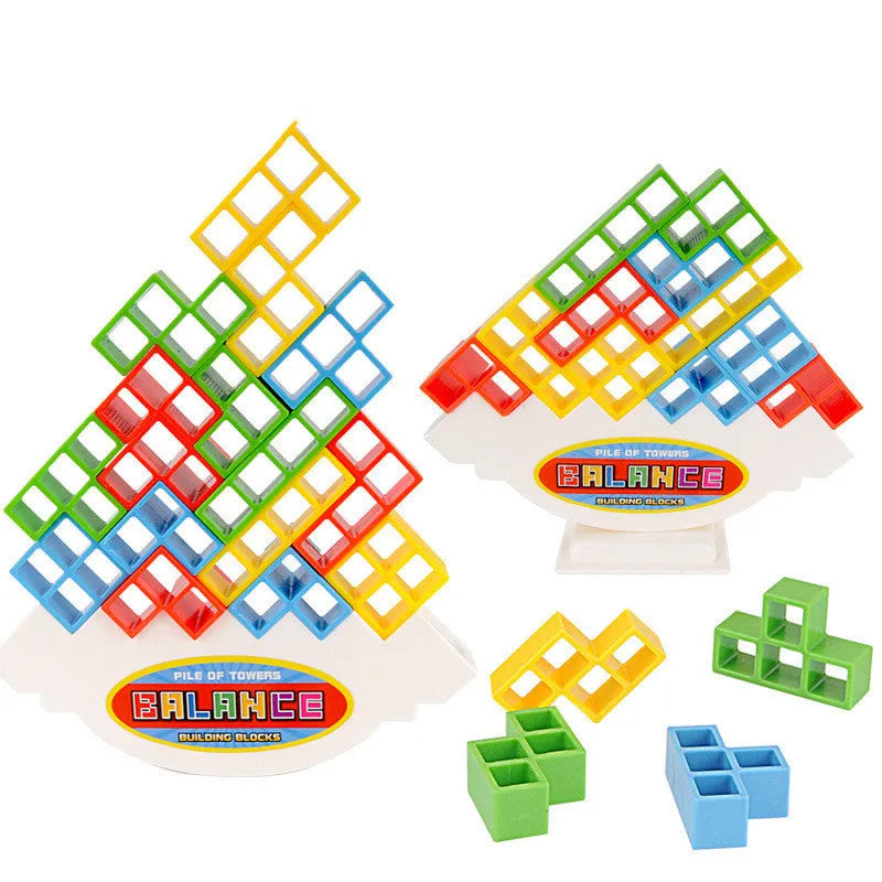 Plastic balance stacking game with 16 colourful building blocks on chassis for children aged 3+