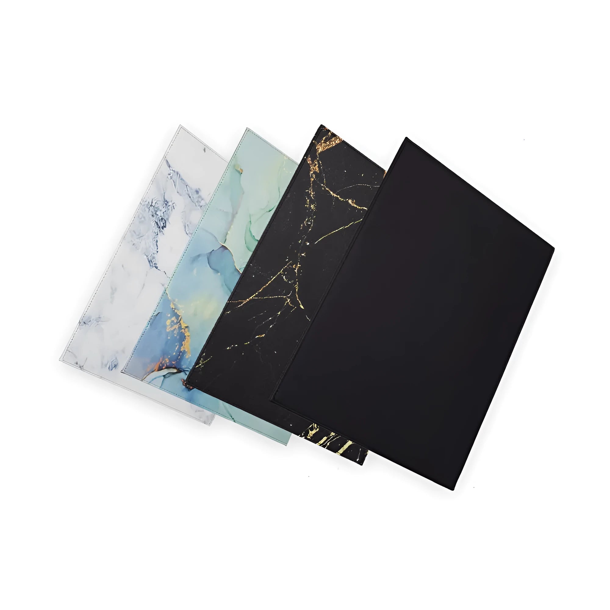 Durable heat-insulating tablet pad with anti-radiation printing in black, blue, green, and black gold colours.
