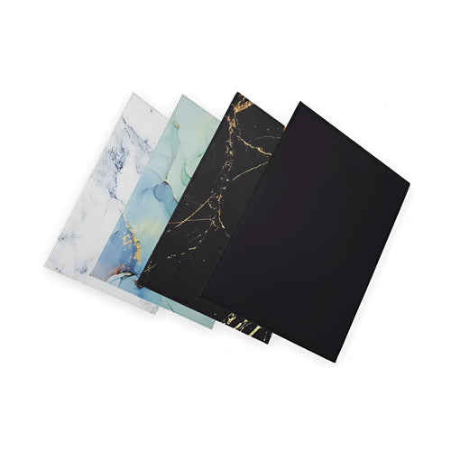 Anti-radiation printing tablet pad in black, gold, blue, and green colour options on a desk.