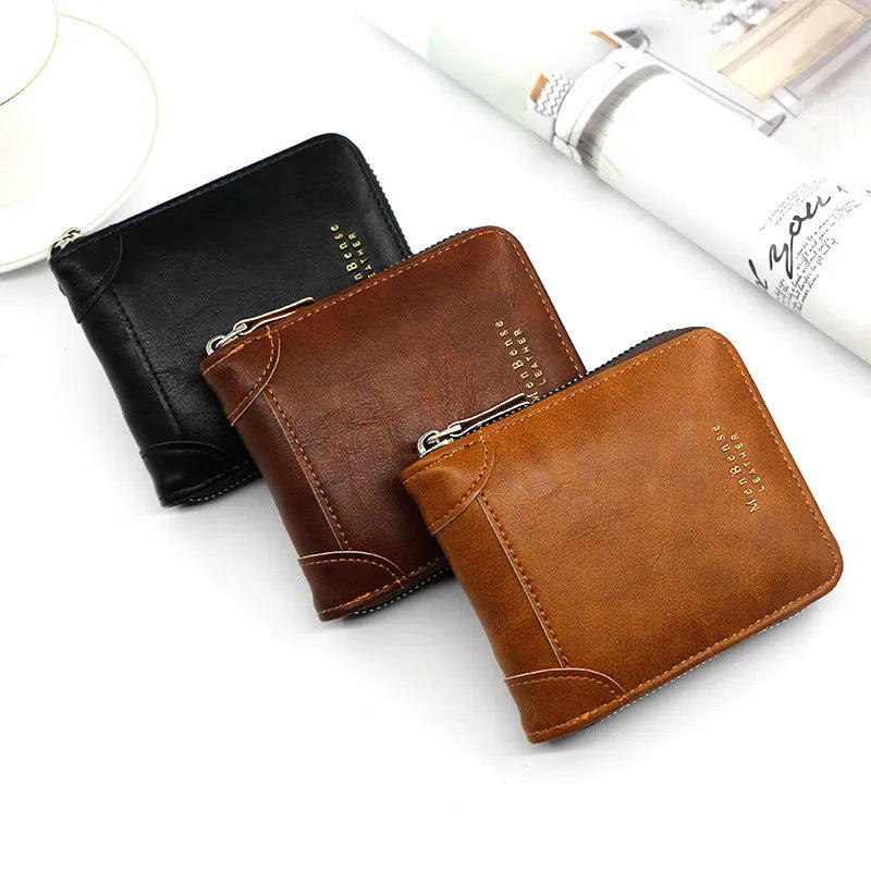 Men's short PU leather wallet with zipper coin purse, synthetic leather lining, available in black, dark brown or light brown