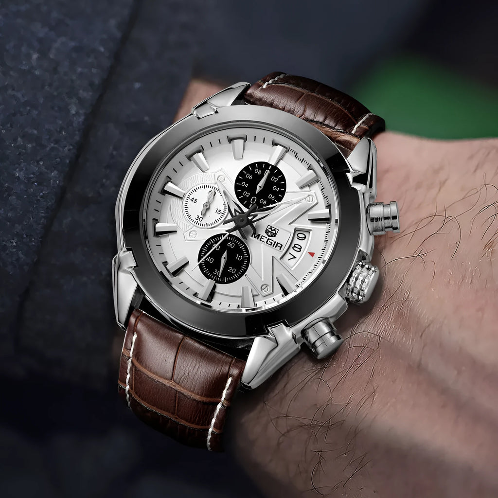 Men's multifunctional quartz watch with luminous markers and three subdials on a brown and white dial.