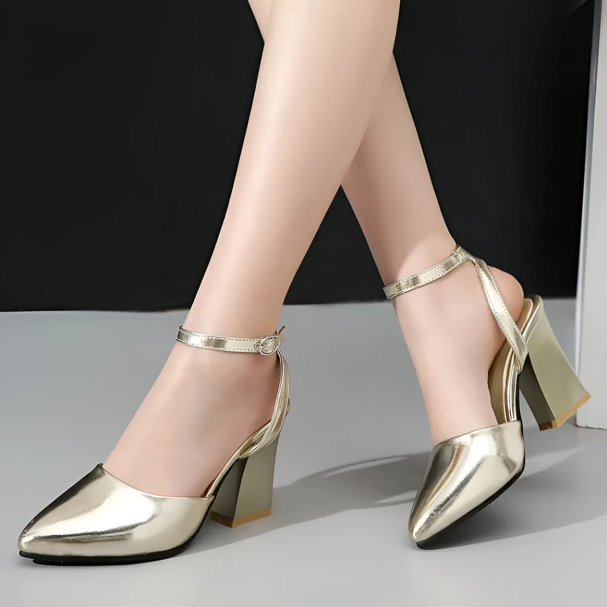 Women's thick high heel pointed toe sandals in silver or gold with cowhide upper and rubber sole, sizes 34-39.