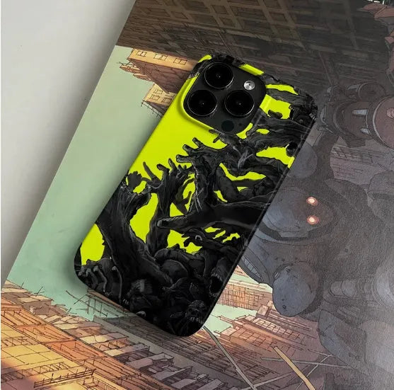 Hard shell iPhone case showing large hole design for camera lenses and buttons in glossy finish