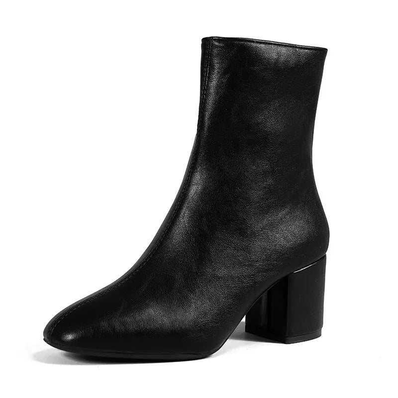 Women's chunky heel pointed toe mid-calf boots with side zipper in black shiny leather