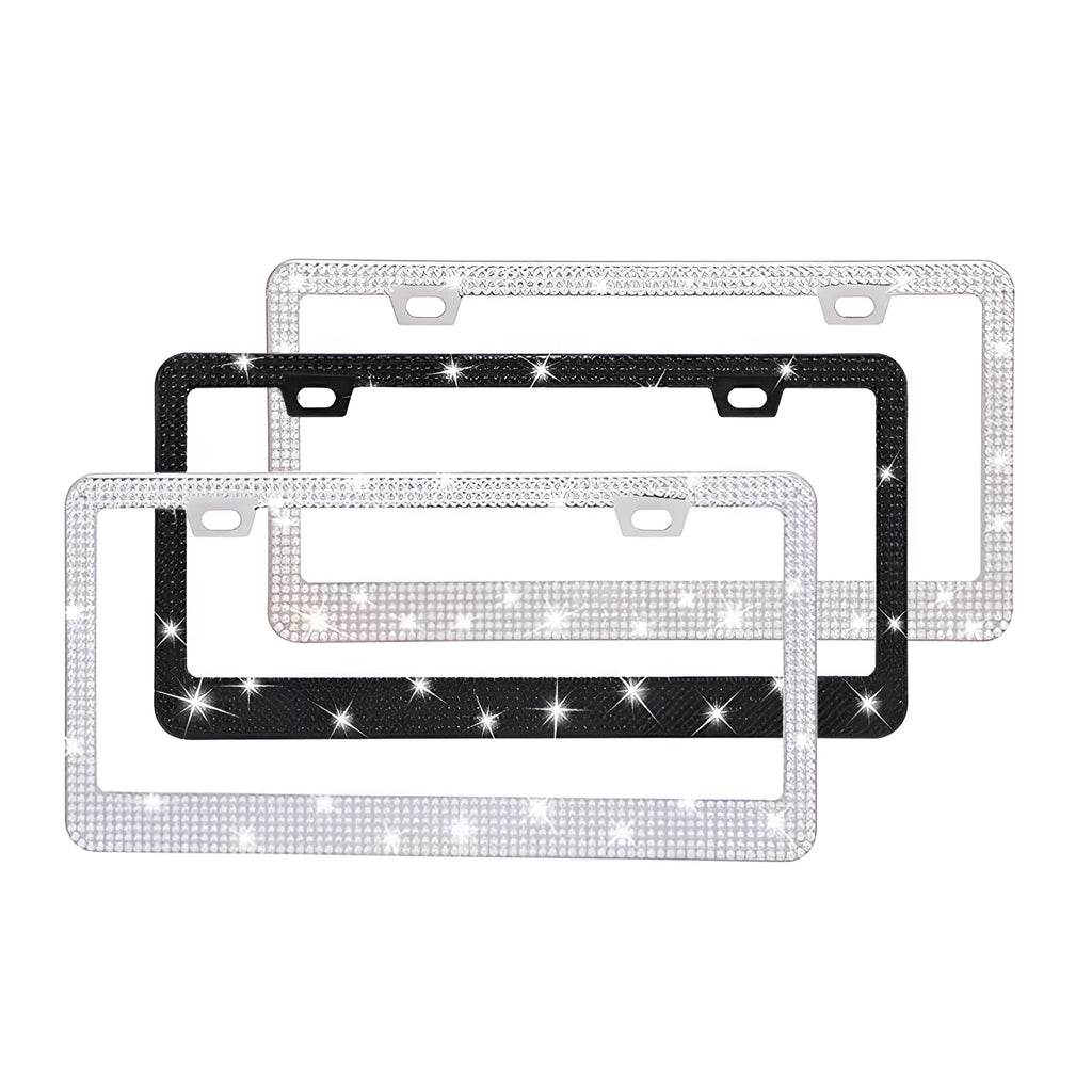 Stainless steel license plate frame with square holes for adhesive acrylic crystals, shown in various colours.