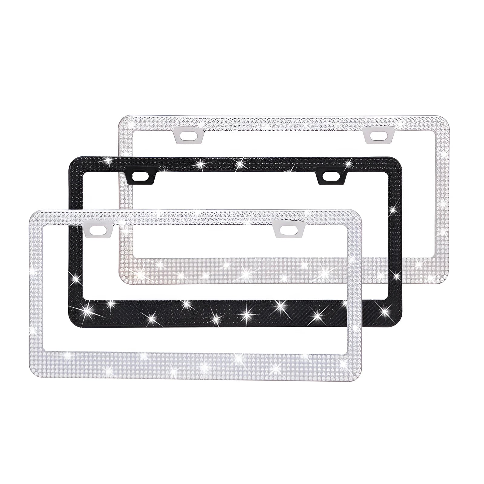 Stainless steel license plate frame with square holes for adhesive acrylic crystals, shown in various colours.