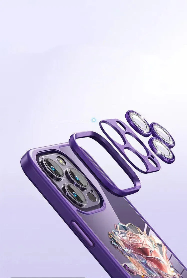 Dark Purple Fairy rose design TPU iPhone case with sparkling pink lens film for iPhone 11-14 models