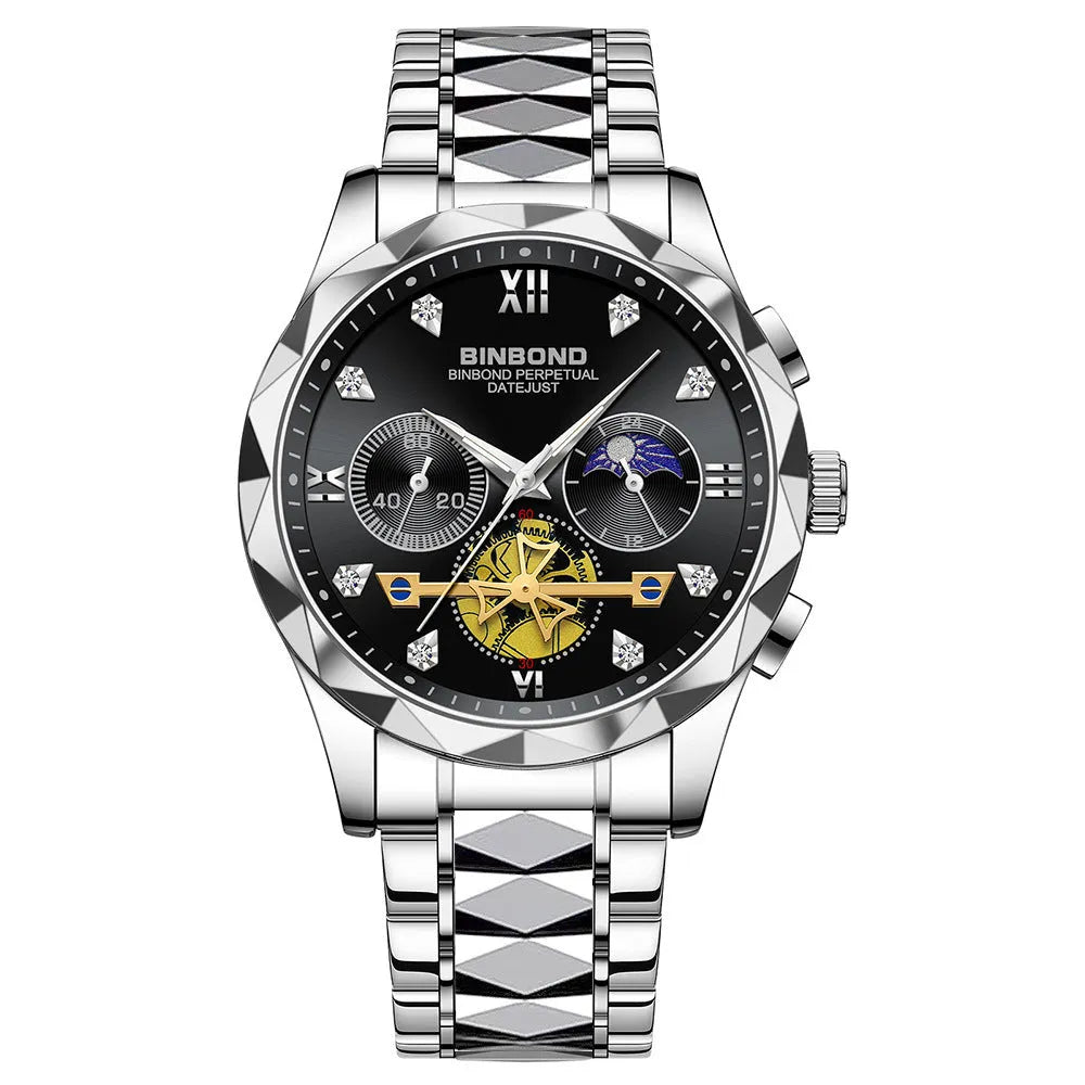 Men's casual quartz watch with round stainless steel case and strap, white dial, black bezel, 11mm thick