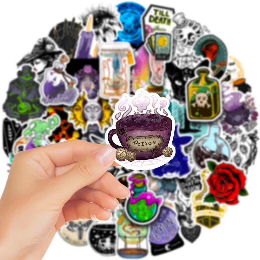 Assortment of 50 colourful waterproof PVC stickers for laptops and skateboards on a white background.