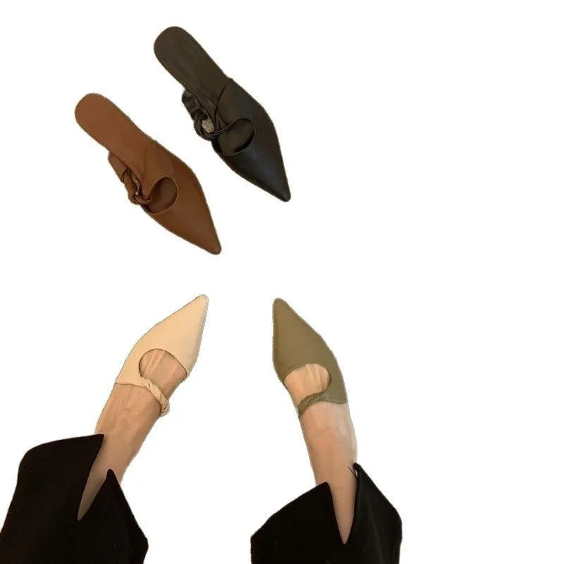 Women's soft leather-lined semi-toe box slippers with a rubber sole in dark brown.