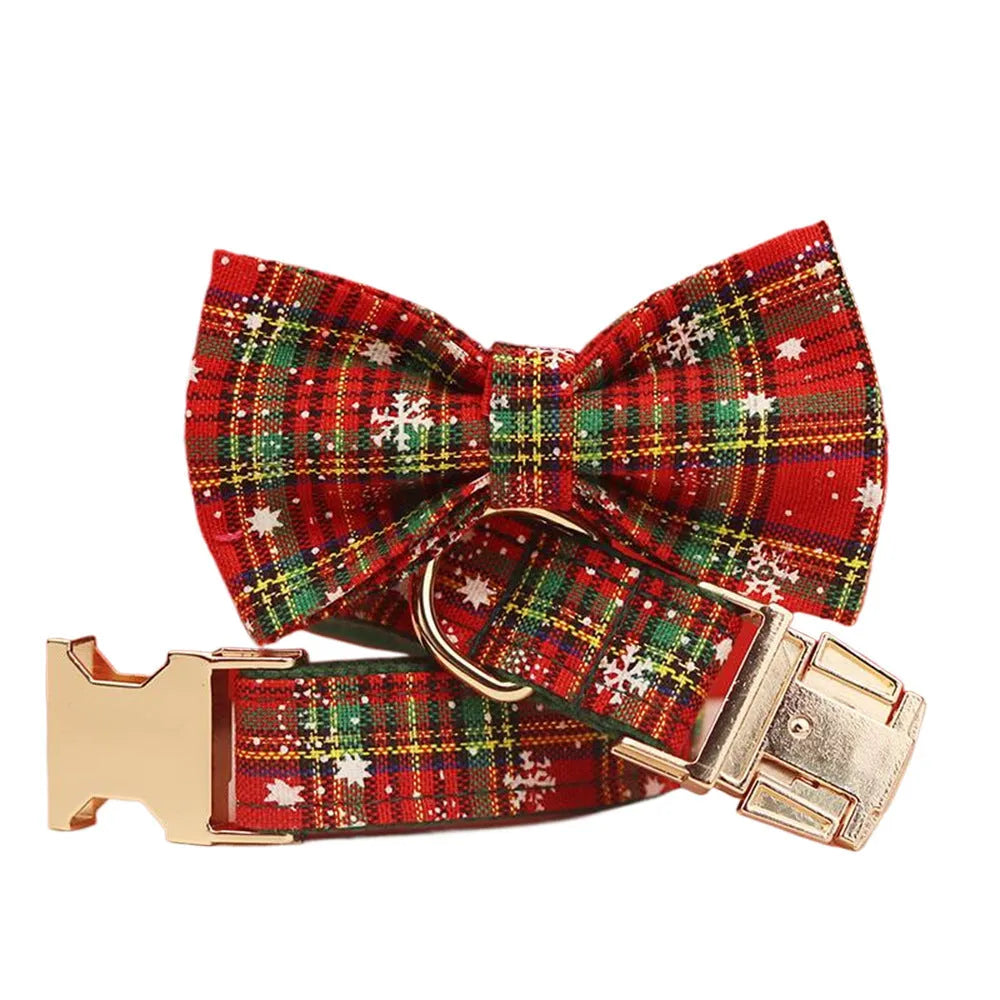 Green background snowflake Christmas pet collar set with leash, bow, and vest
