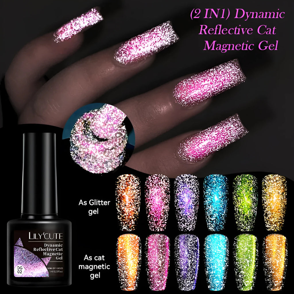 Cat eye series UV nail polish gel bottle with diamond glitter in one of six colour styles, next to nail glue.