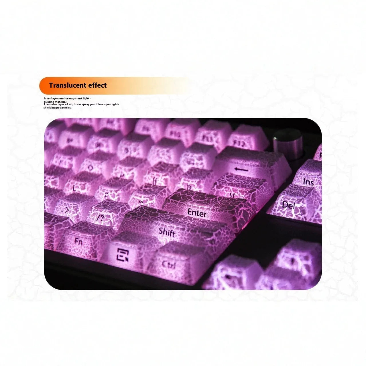 Transparent mechanical keyboard keycaps with white double-stitched lettering on clear PC material