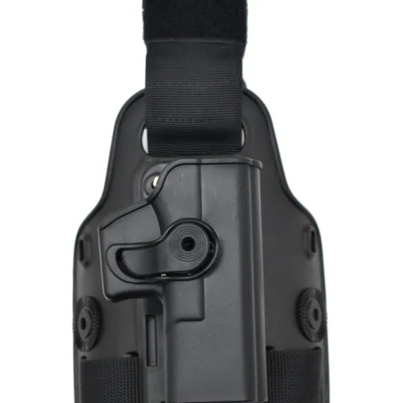 Green plastic quick-pull leg bag holster for tactical waist plates