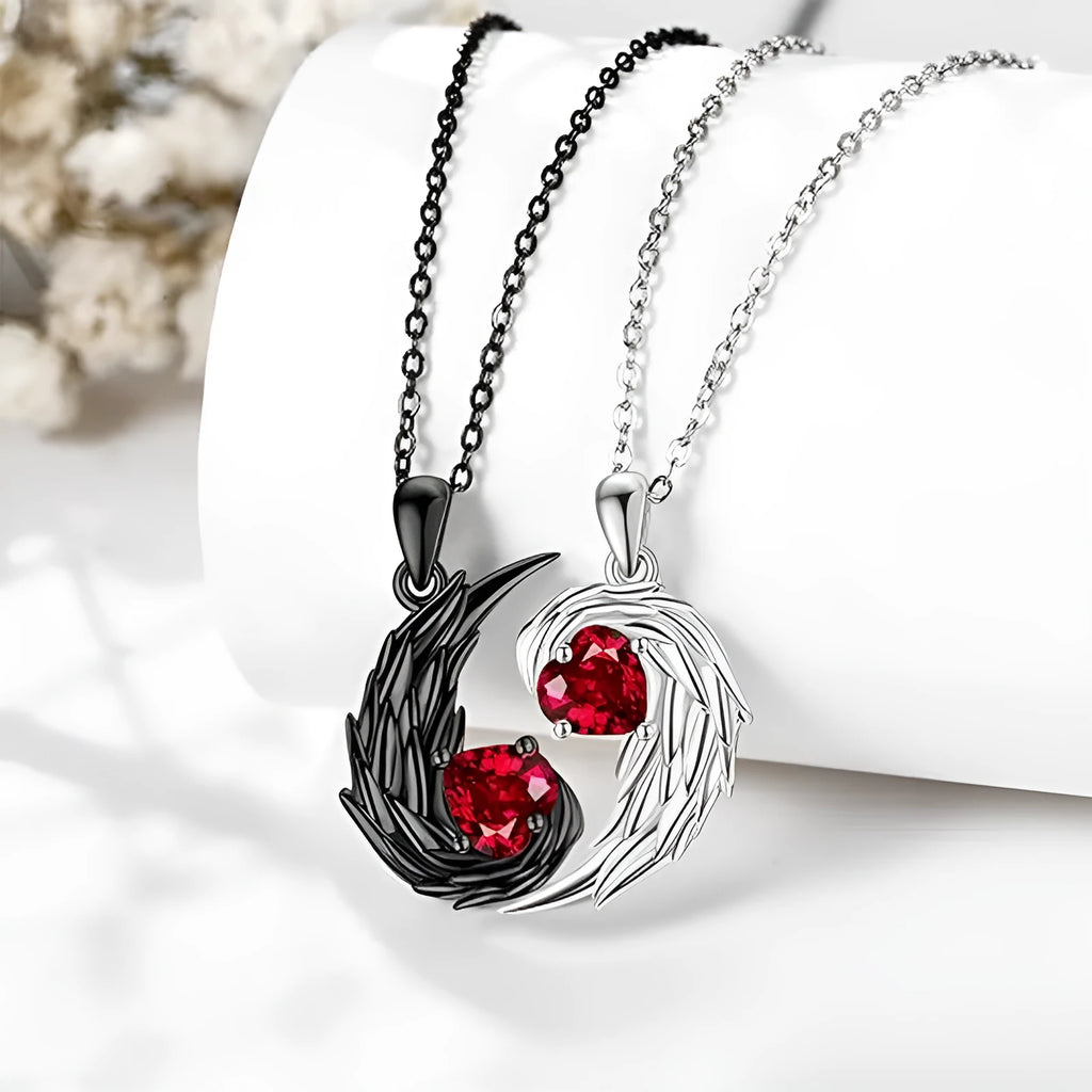 Two-colour couple necklace set with snake bone chain and geometric diamond love pendant, zinc alloy, one pair