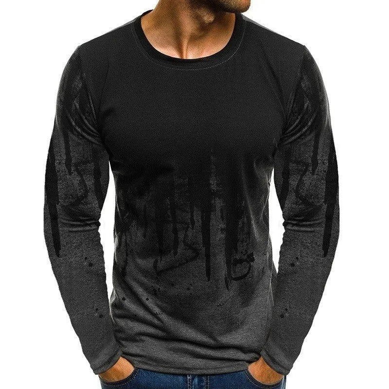 Men's grey long sleeve T-shirt with digital print pattern, autumn winter sports top, sizes S to 6XL