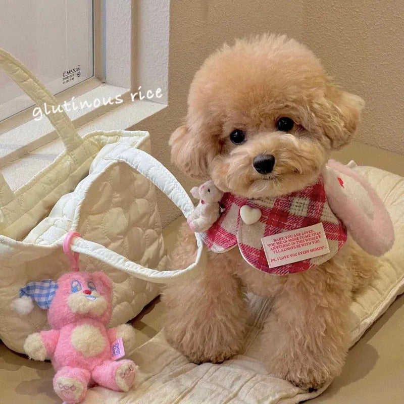 Red plaid rabbit ear pet scarf for dogs and cats, plastic material, three sizes S M L