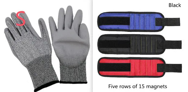 Fifteen-compartment powerful magnetic wristband in nylon, blue colour, with rows of magnets holding screws and nails