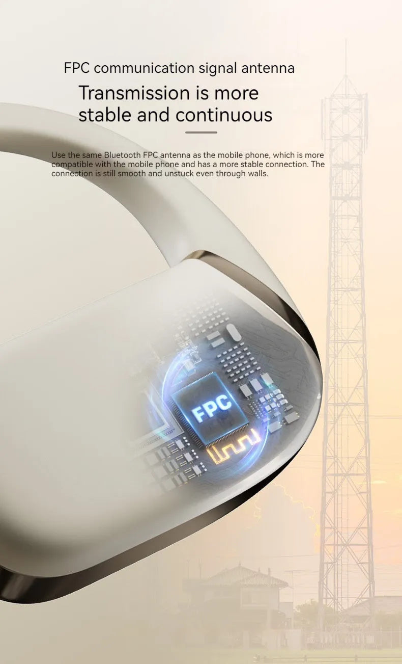 Open wireless Bluetooth headset with silicone ear-hook in black, featuring noise reduction and low latency for gaming