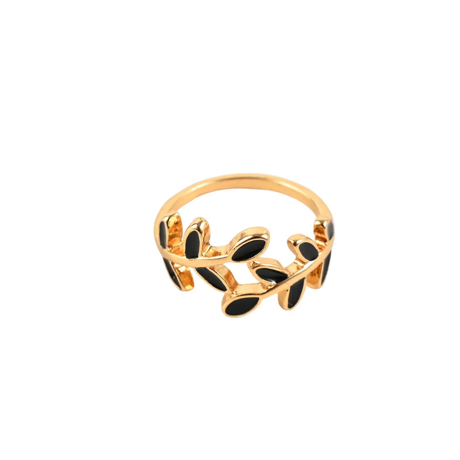 Gold electroplated acrylic ring with a geometric leaf and flower design on a model's index finger.