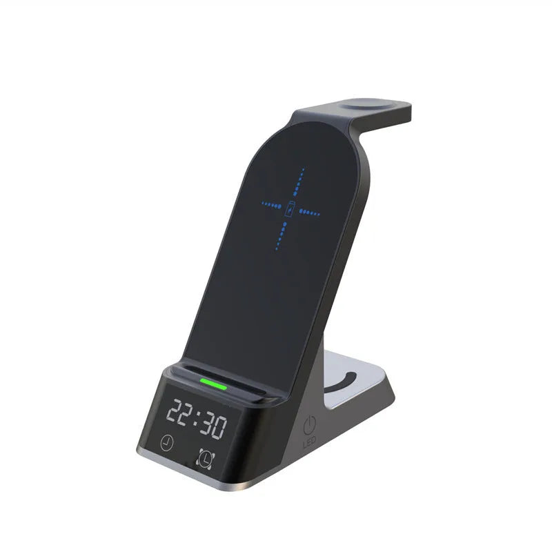 Black multifunctional wireless charging alarm clock dock for phone, Apple Watch, and earbuds.